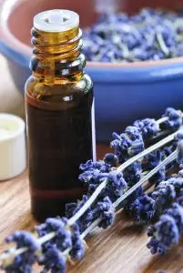 Bottle of Lavender Essentila Oil with flowers.